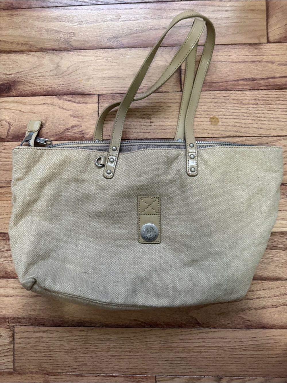 Kipling Beige Canvas Tote with Tan Trim